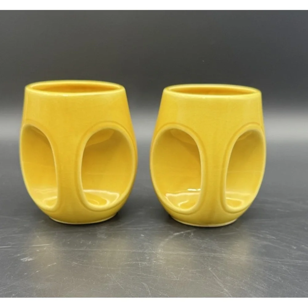 Vintage Bright Yellow Ceramic Tea Cups Set Of 8 MCM Japan Circular Handle 6-7 Oz